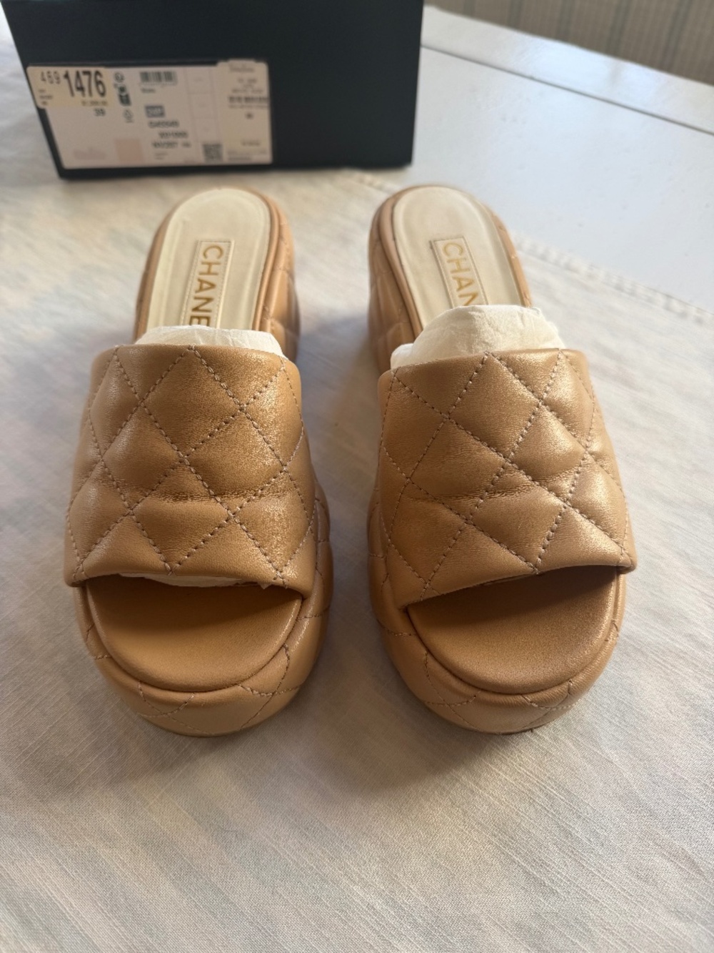 Chanel beige quilted leather slides, size 39